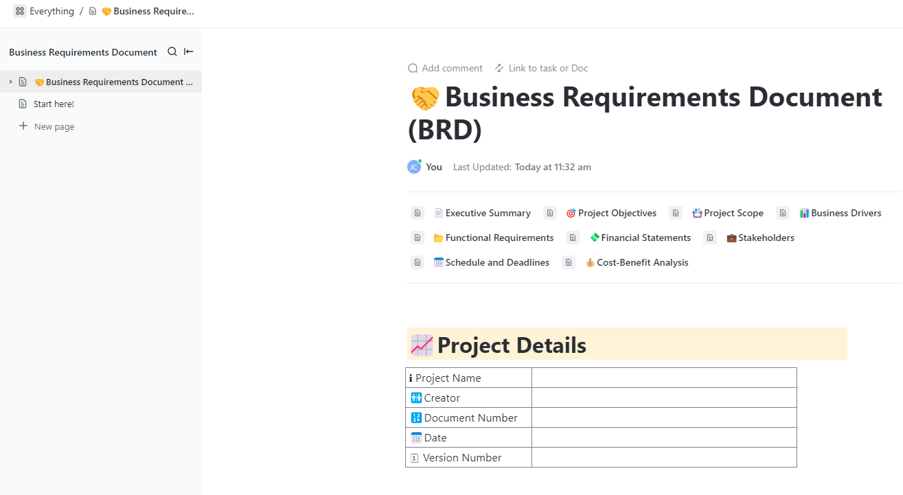 ClickUp Business Requirements Template