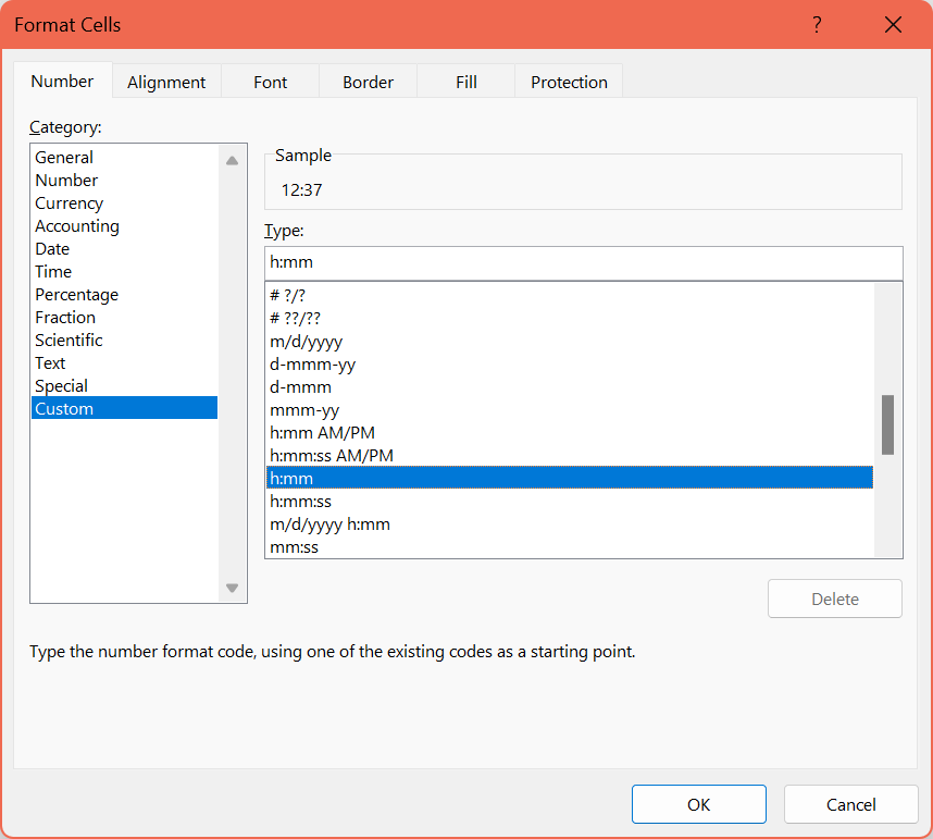 example of formatting Cells for time values in excel