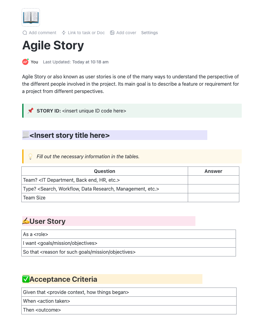 ClickUp's Agile Story Template