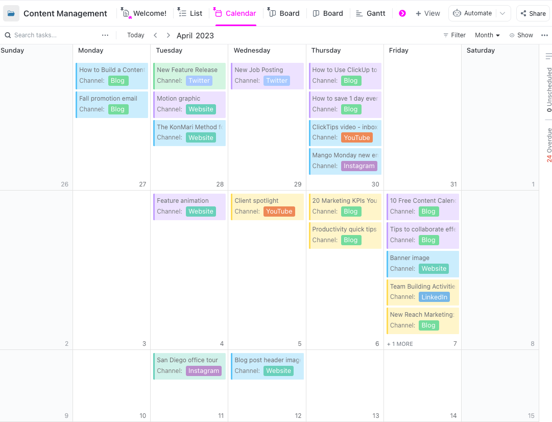 ClickUp's Content Management Template allows you to easily manage content across multiple teams, projects and tasks.