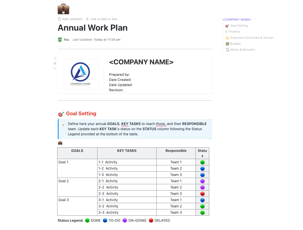 This template helps you set long-term goals by including the key tasks needed to reach each one. 