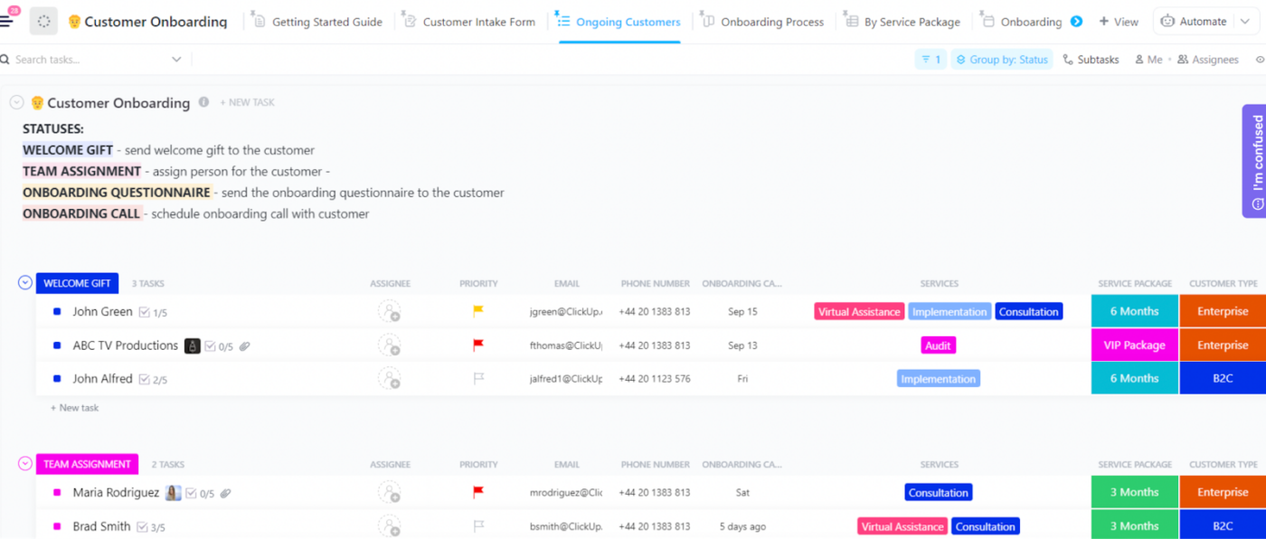 The customer onboarding template helps you track the tasks you must complete to get each new customer fully set up within your business.  