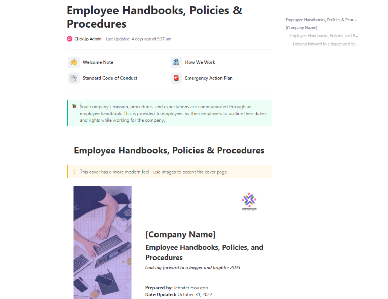 This handbook template focuses on policies and procedures to give employees context on how their company operates.