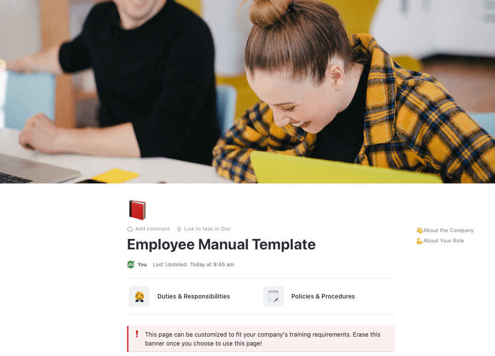 This employee manual template gives new hires information on the procedures and expectations of their specific role. 