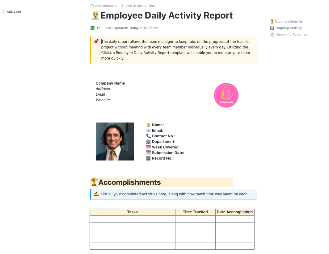 This template helps you track your employees’ daily progress asynchronously. 