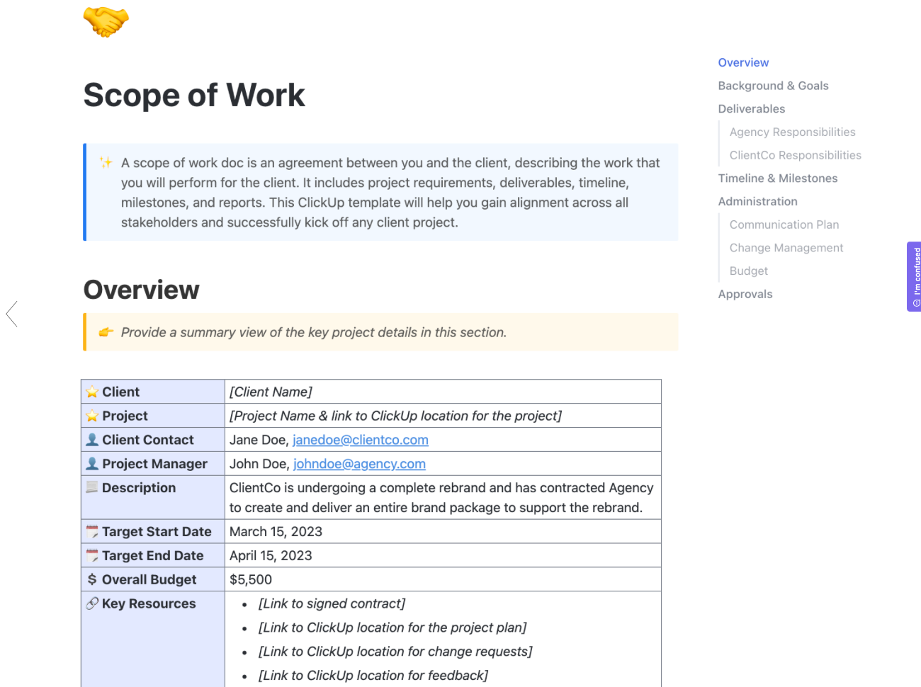 This template offers a more traditional approach to scope of work planning. 