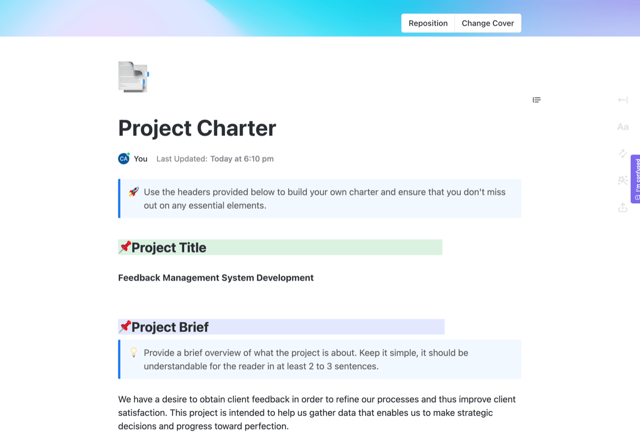 The project charter template clearly defines your project to keep all team members on the same page. 