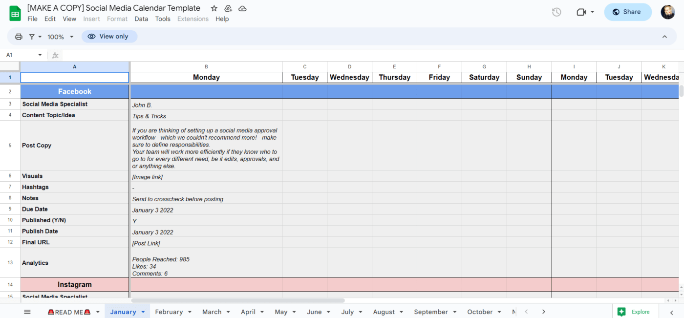 Plantilla de calendario de contenido de medios sociales por SocialBee