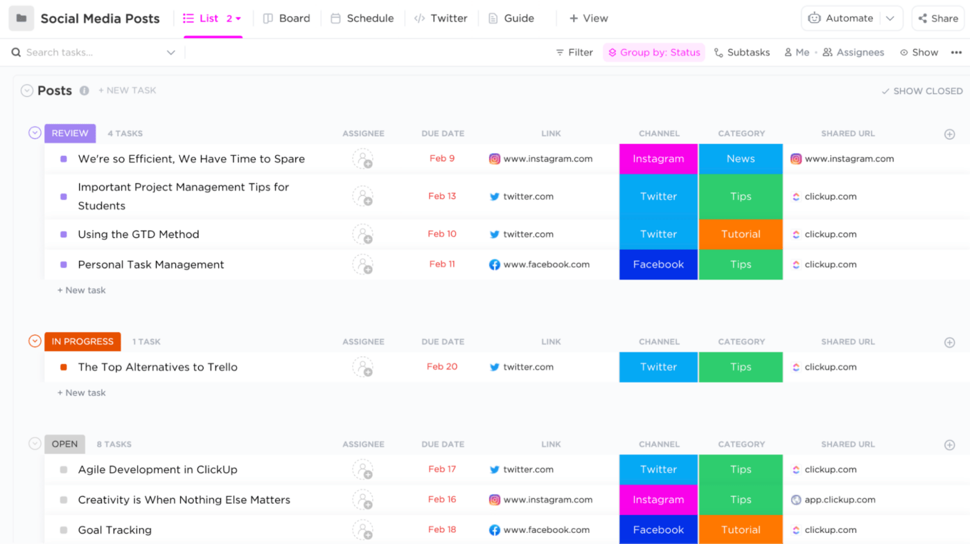 Modèle avancé pour les médias sociaux par ClickUp