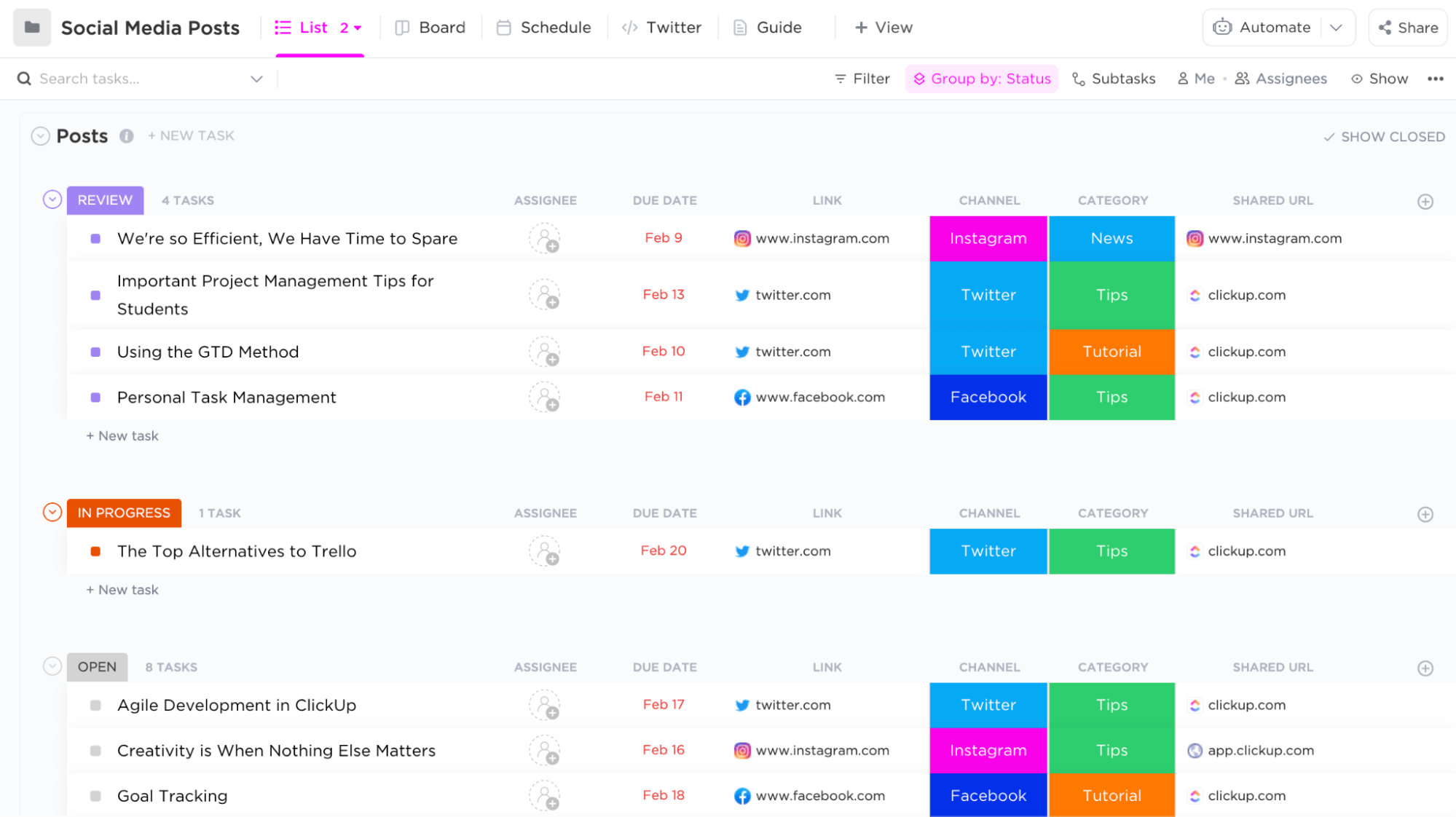 Plantilla de calendario de publicaciones en redes sociales de ClickUp