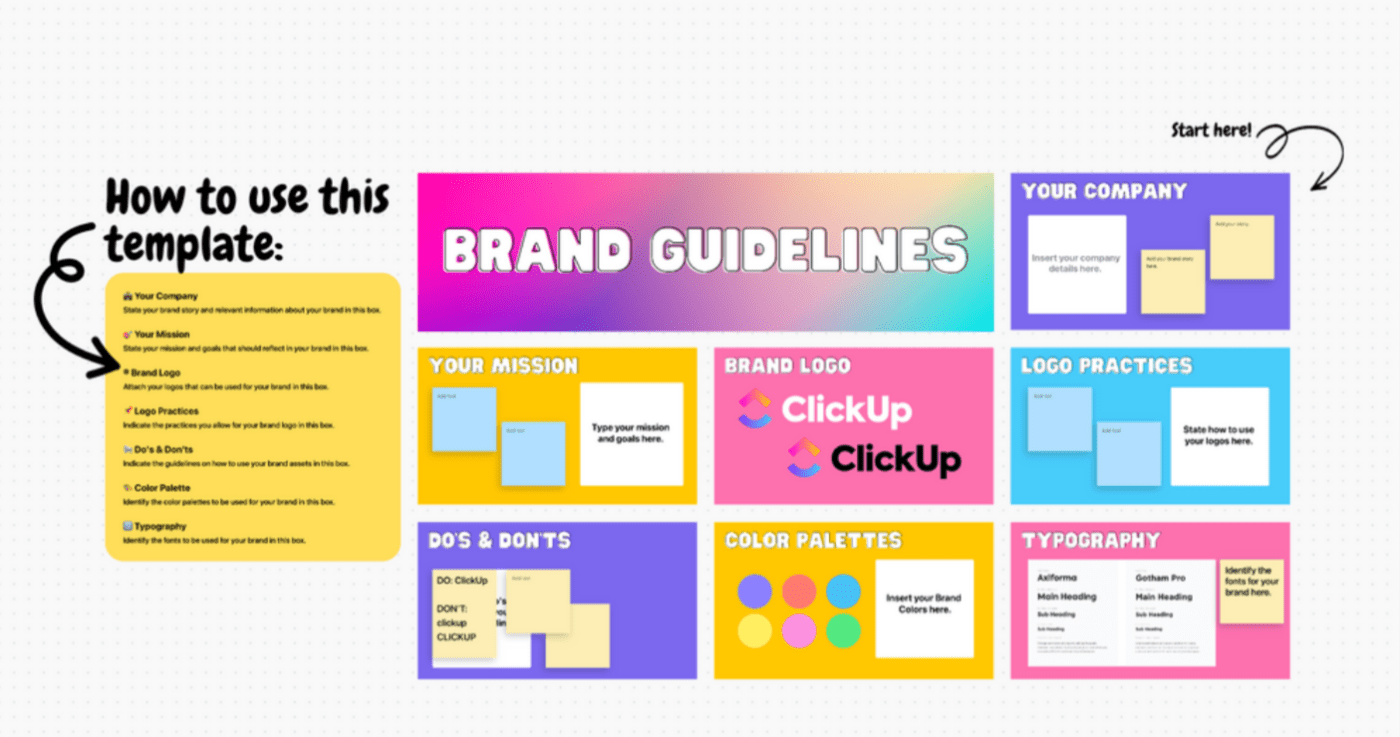 ClickUp Brand Style Guidelines Whiteboard Template