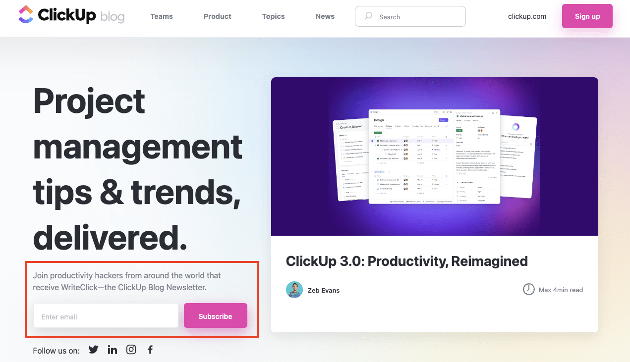 ClickUp blog newsletter sign up