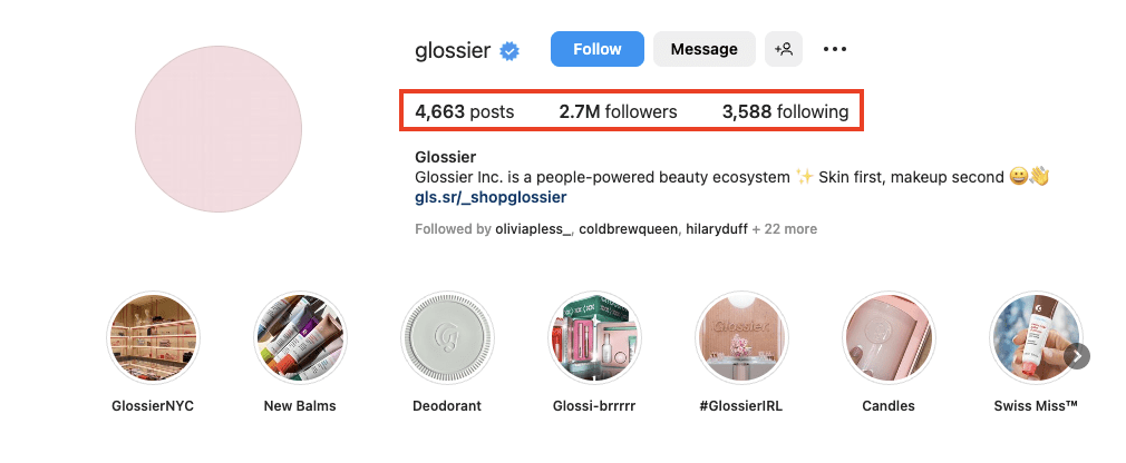 Glossier social media page as a brand management strategy example