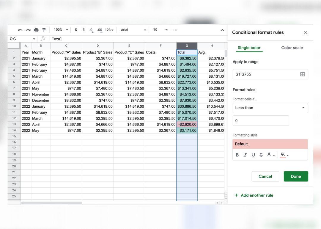 Alteração da cor de uma célula com base no valor no Google Sheets