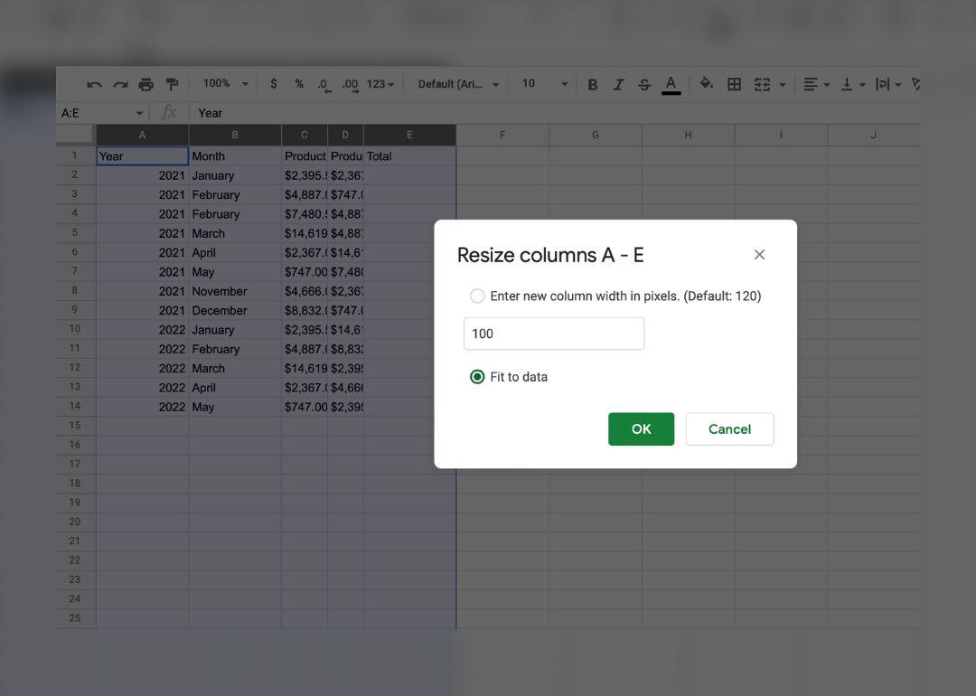 Auto-sizing data in Google Sheets
