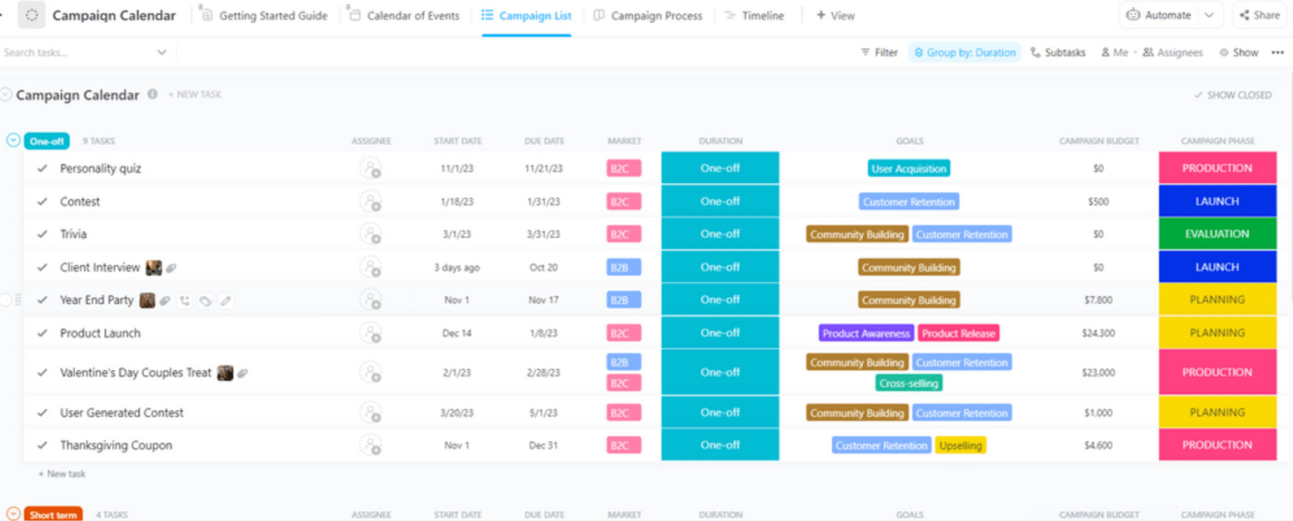 Calendario de Campañas en Redes Sociales de ClickUp