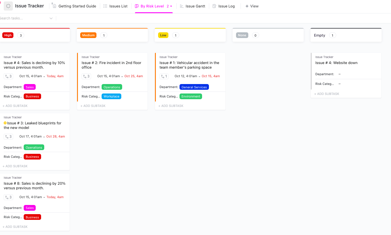 ClickUp Issue Tracker Sjabloon voor risiconiveau