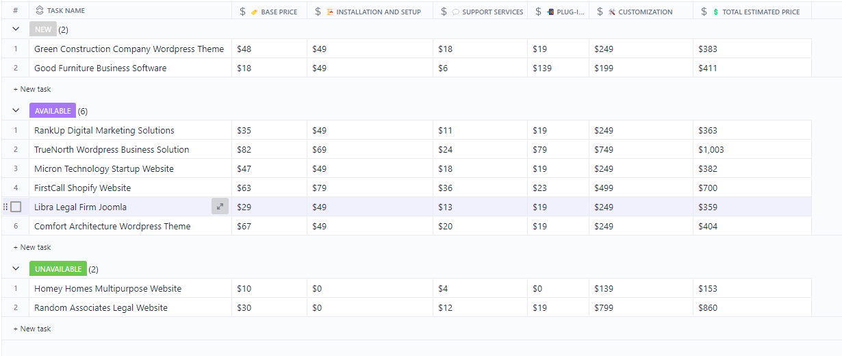 Szablon arkusza porównania cen oprogramowania ClickUp