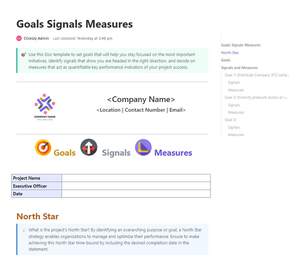 Track the data that will tell you whether you're still on the right track with the Goals Signals Measures Template
