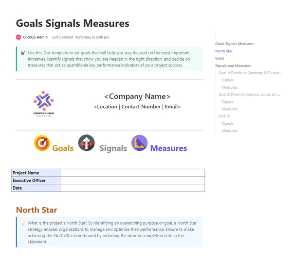 ClickUp's Goals Signals Measures Template