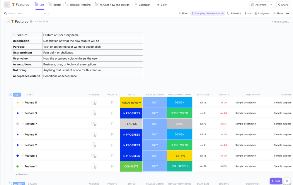 The ClickUp Product Requirements Template makes it easy to track the what and why of every development decision your team makes while building a new product or feature