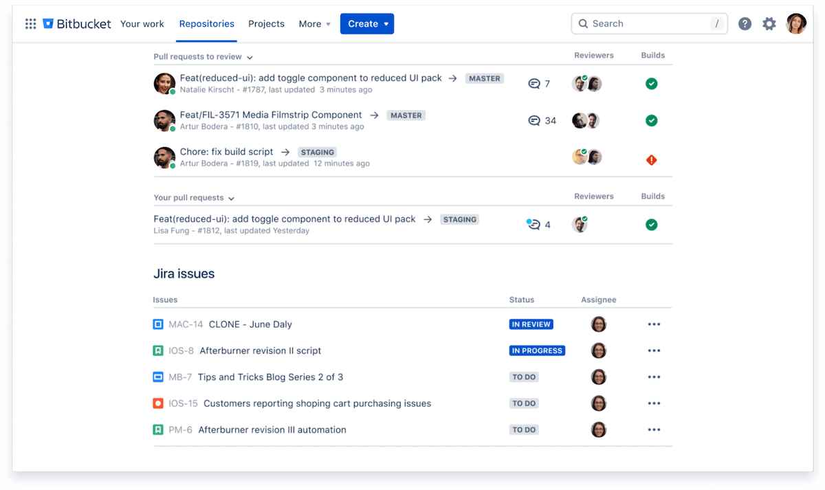 Pagina dei repository di Bitbucket