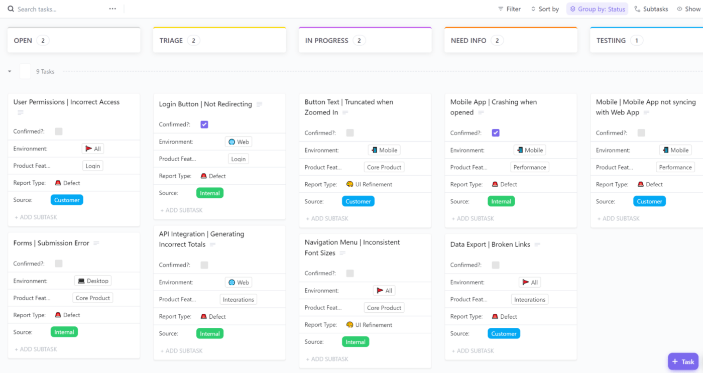 Modello di monitoraggio dei bug di ClickUp Agile