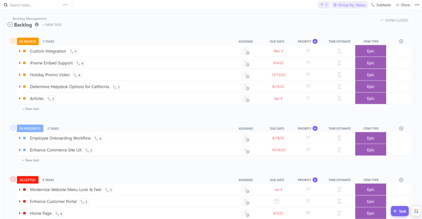 Modelo de backlogs e sprints do ClickUp