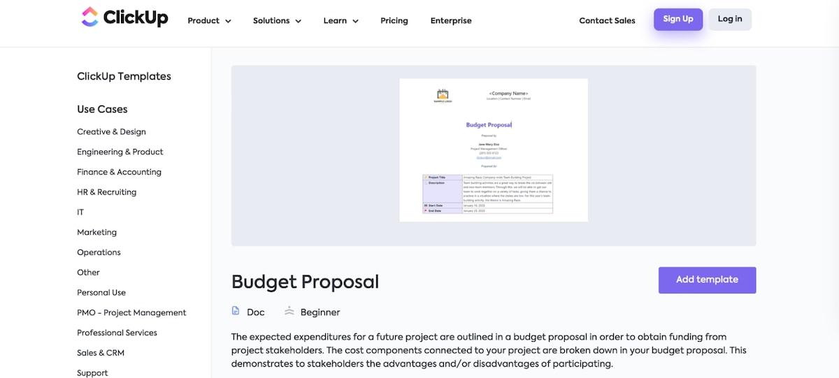 Modello di proposta di budget ClickUp