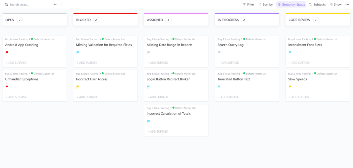 Modèle de processus de suivi des bugs et des problèmes ClickUp