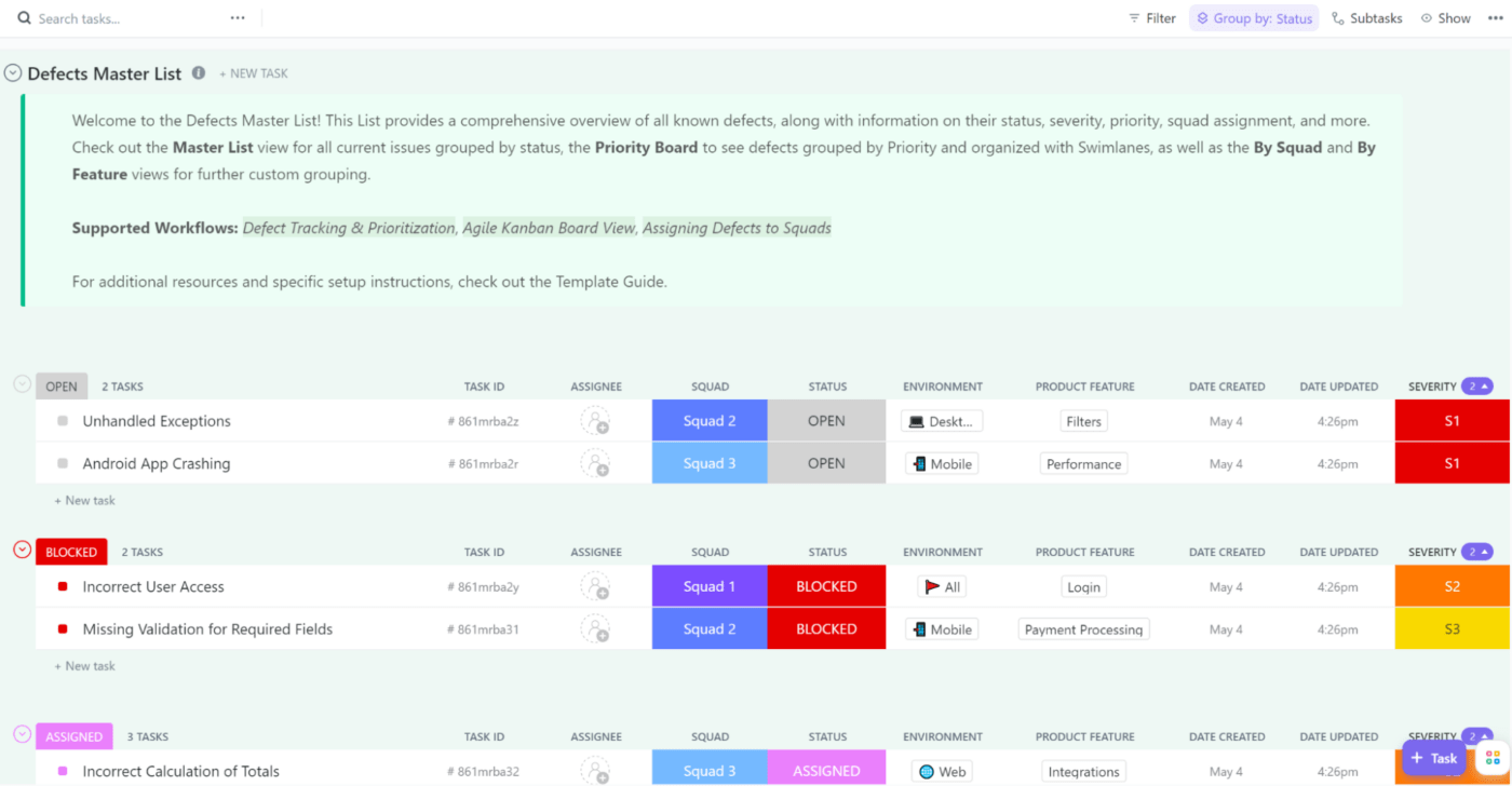 Modèle de suivi des bugs et des problèmes ClickUp