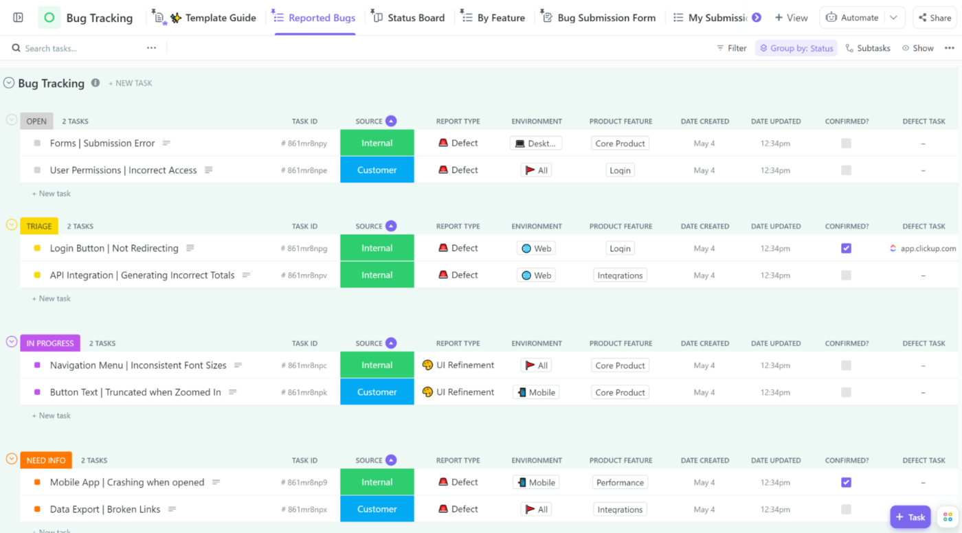 Modèle de rapport de suivi de bug ClickUp