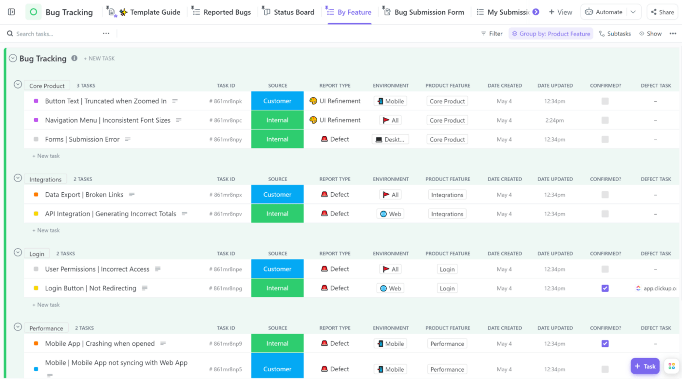 ClickUp Bug Tracking by Feature Template  