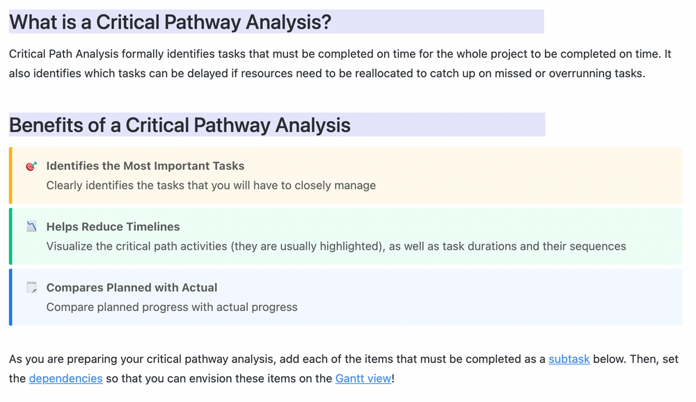 ClickUp Kritisch pad-analysesjabloon