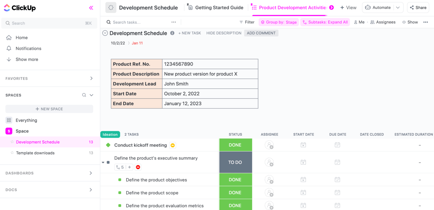 ClickUp Development Schedule Template