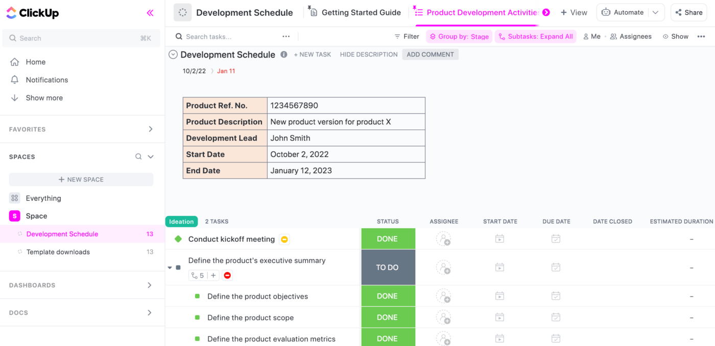 Product Development Schedule and Activities in ClickUp