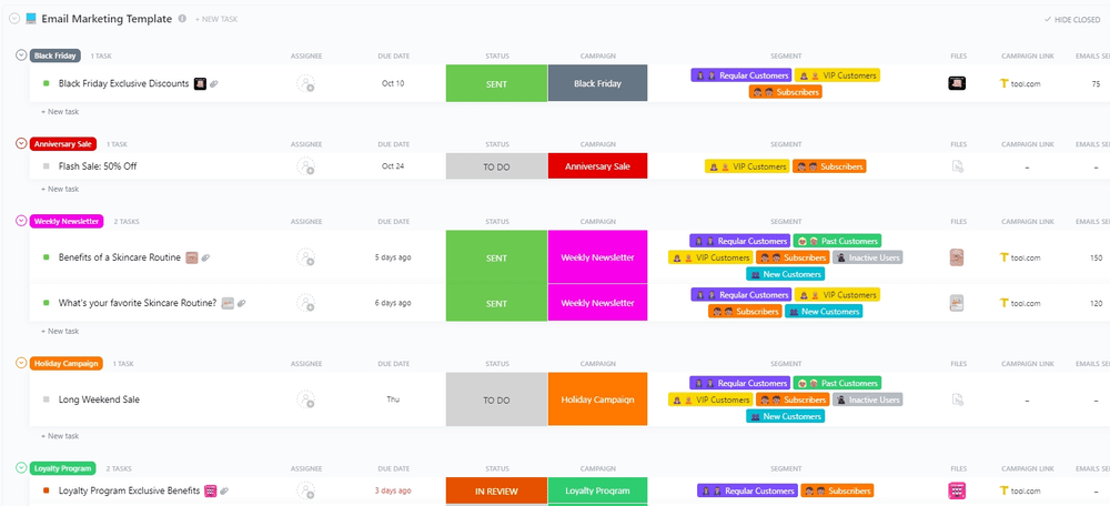 Rationalisez les flux de travail du marketing par e-mail avec le modèle de marketing par e-mail ClickUp