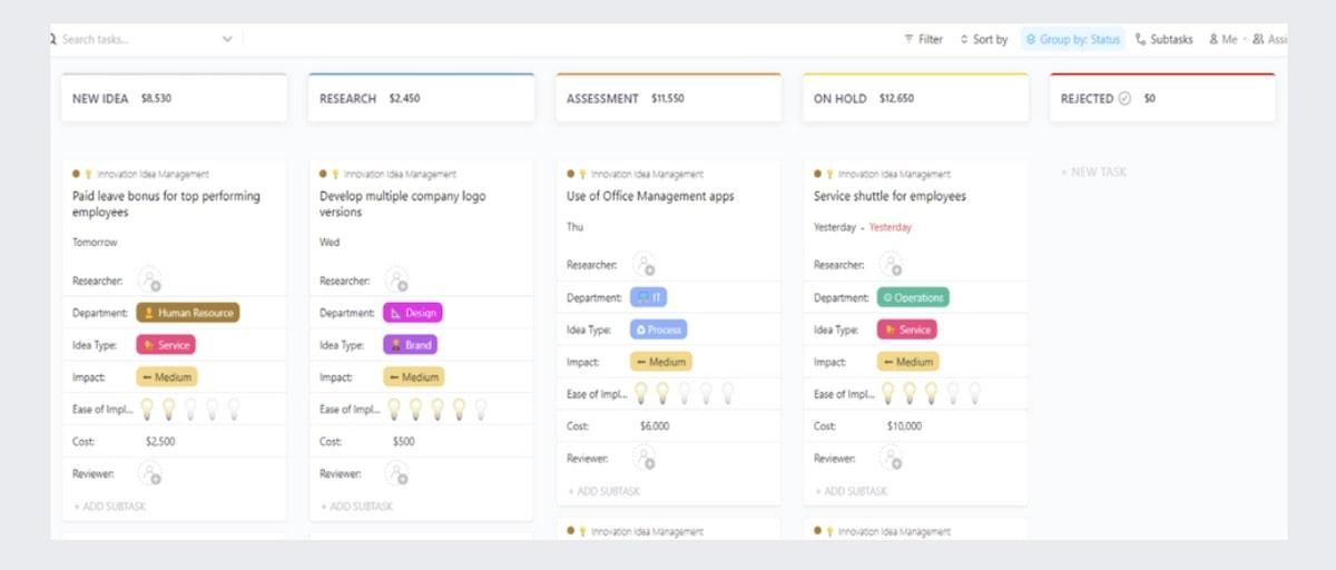 ClickUp's Innovation Idea Management Template is designed to help you capture, prioritize, and manage innovative ideas in one place. 