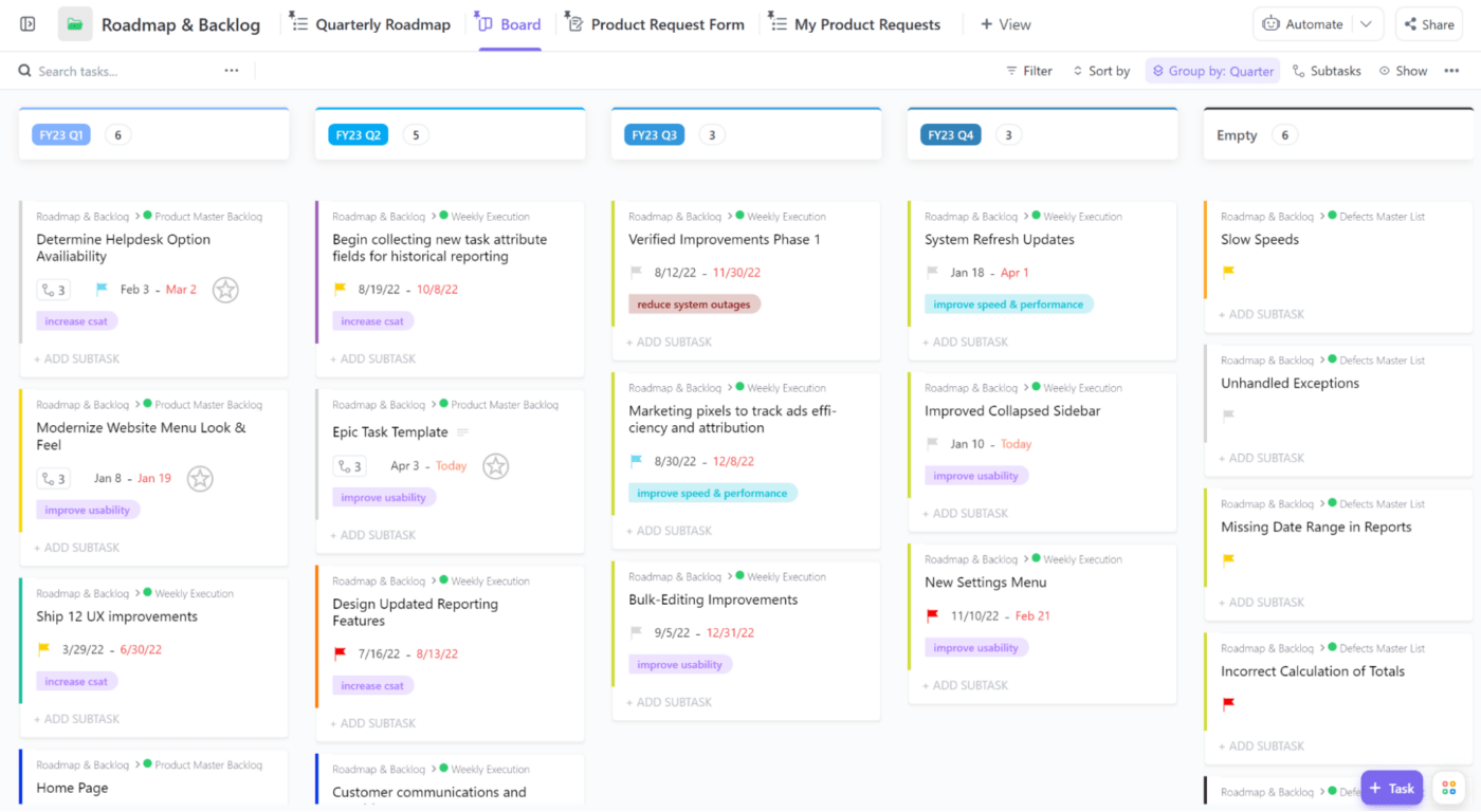 using the ClickUp Kanban Board view to manage roadmap and backlog tasks