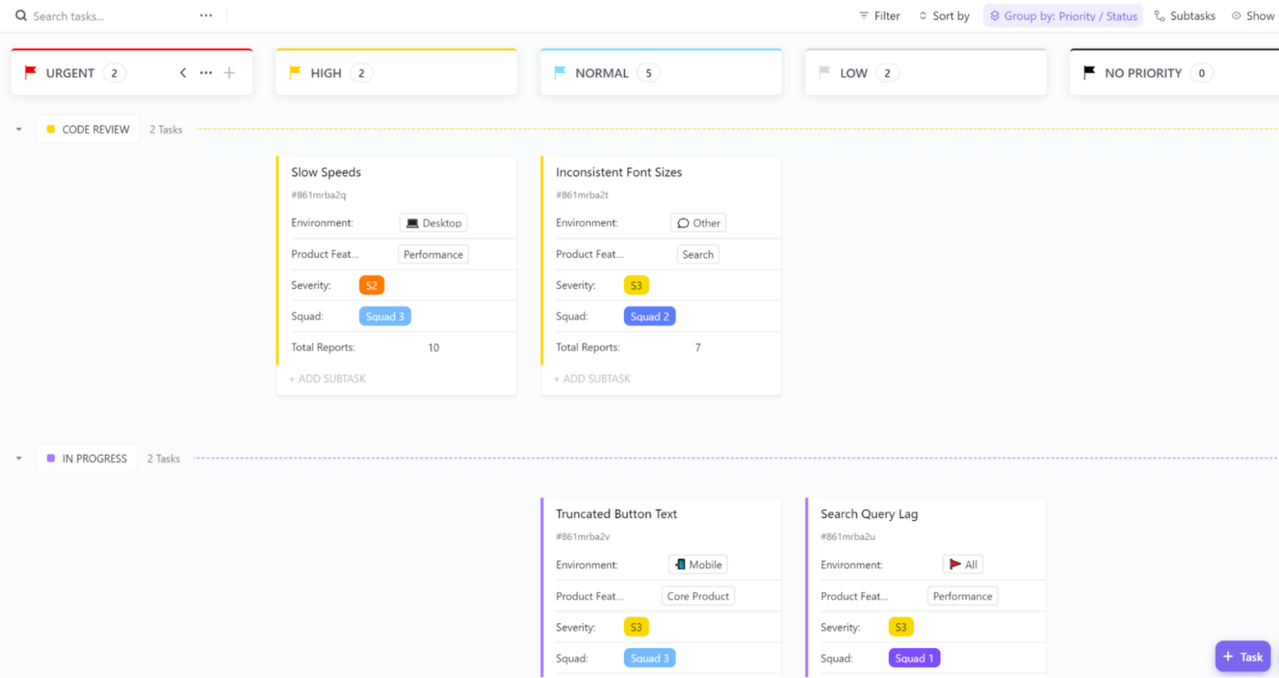 Modelo de quadro de acompanhamento de bugs e problemas do ClickUp Priority