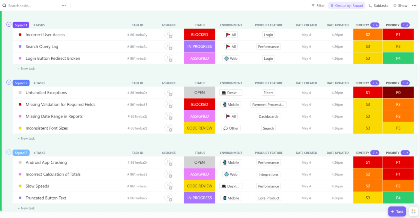 ClickUp Priority Bug & Issue Tracking by Squad Template (en anglais)