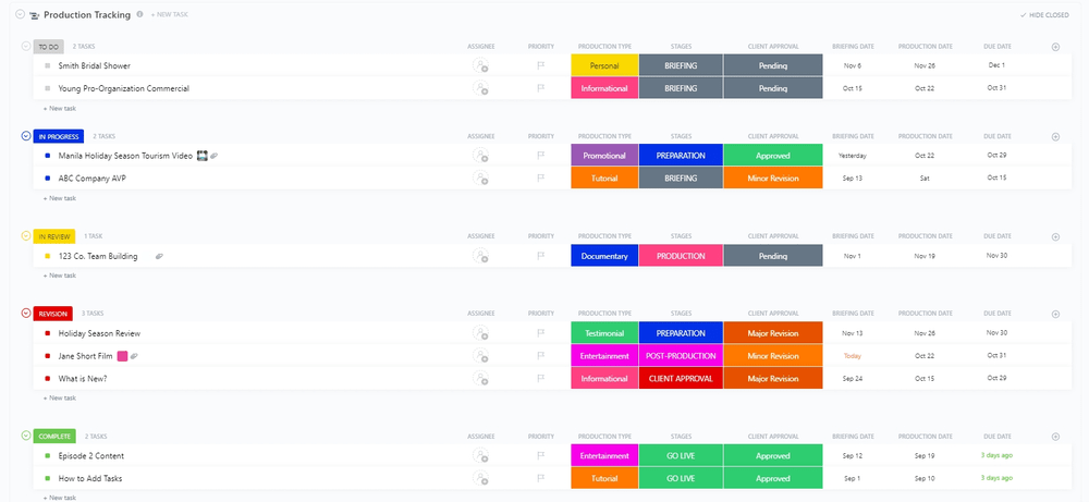 Kelola jadwal produksi dengan Templat Pelacakan Produksi ClickUp