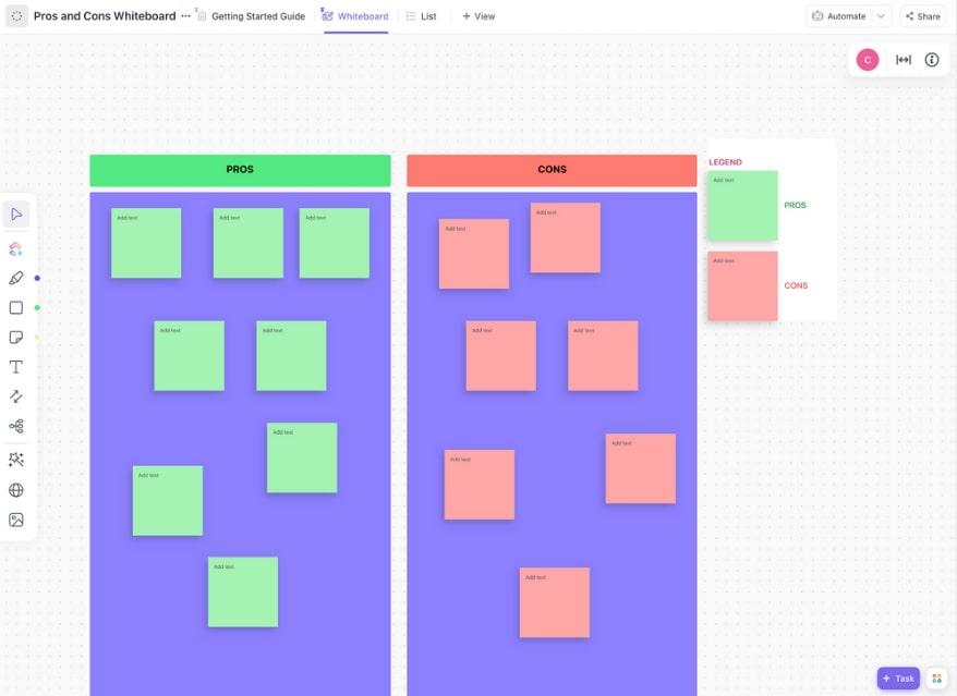 ClickUp Pros & Cons Whiteboard Template