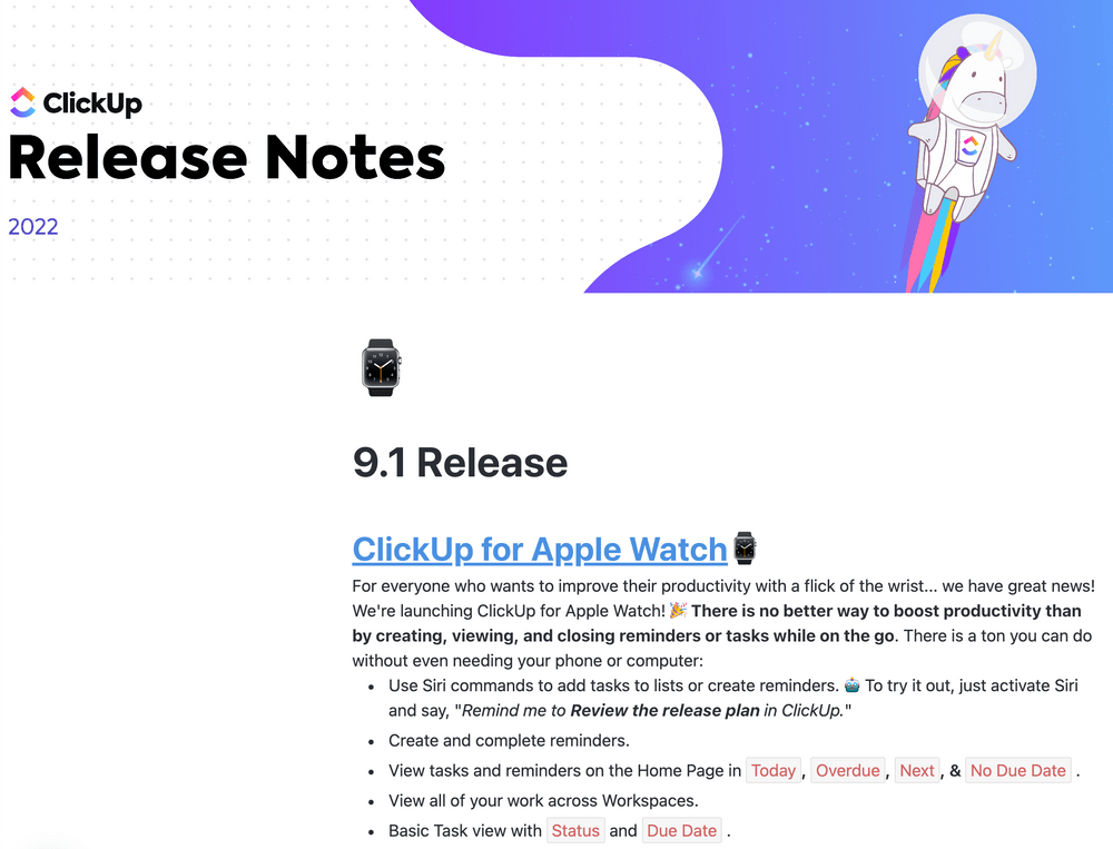 ClickUp Release Notes Template
