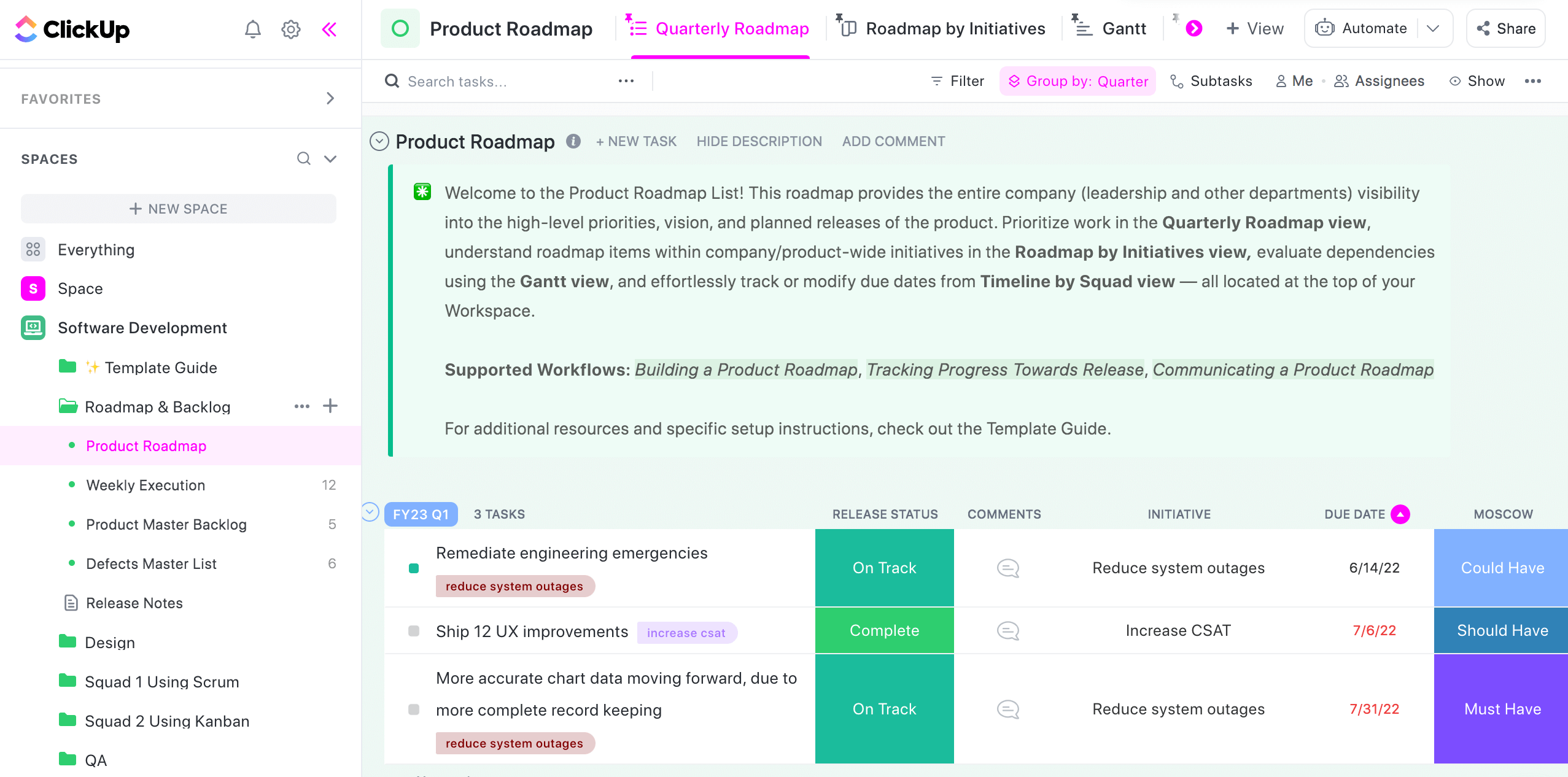 ClickUp's Software Development Template enables teams to work collaboratively in a single Space - from building and maintaining a Product Roadmap, to delivering on product features and fixing bugs using an agile Scrum or Kanban methodology.