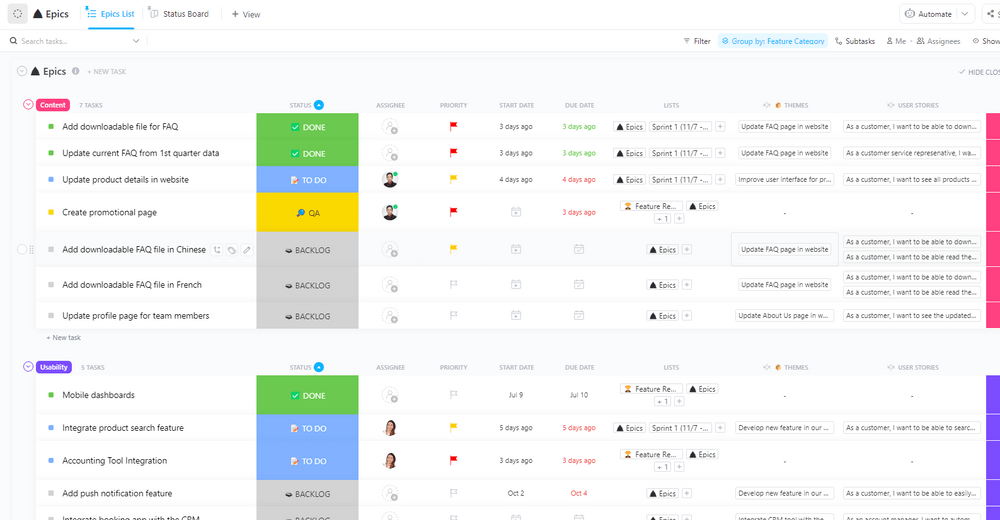 Modelo de plano de produção do site ClickUp