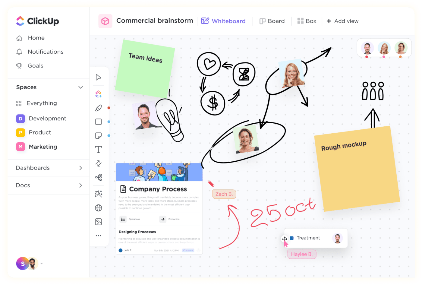 Planejamento de capacidade: Usando os quadros brancos do ClickUp para colaborar e fazer brainstorming de ideias com suas equipes em tempo real