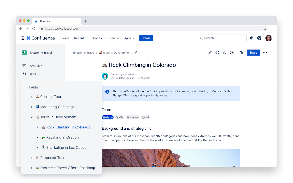 DevOps tools: Screenshot of Confluence sample page on rock climbing