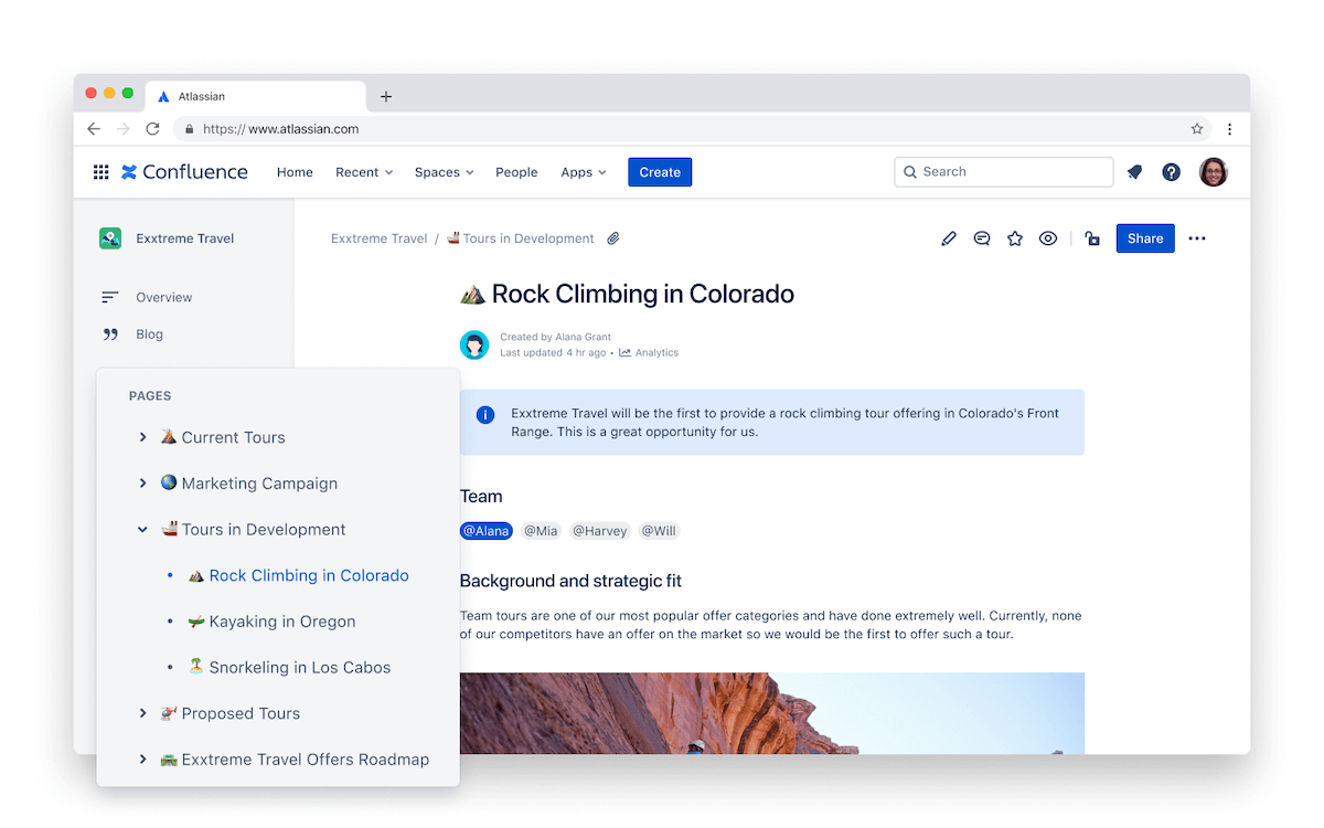 DevOpsツール：ロッククライミングに関する Confluence サンプルページのスクリーンショット