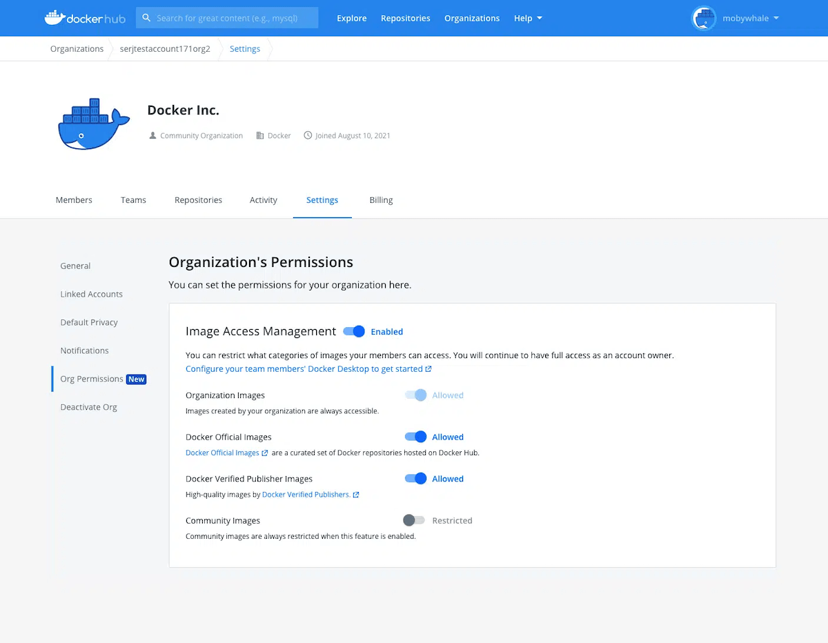 Screenshot of Docker's organization permissions settings